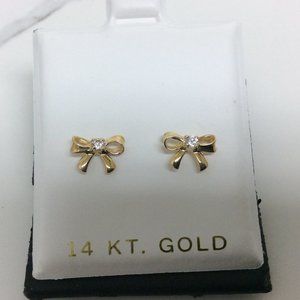14k-Yellow- Real Gold-Bow-Stud-CZ Earrings--Baby/Children-Safe-Screwbacks